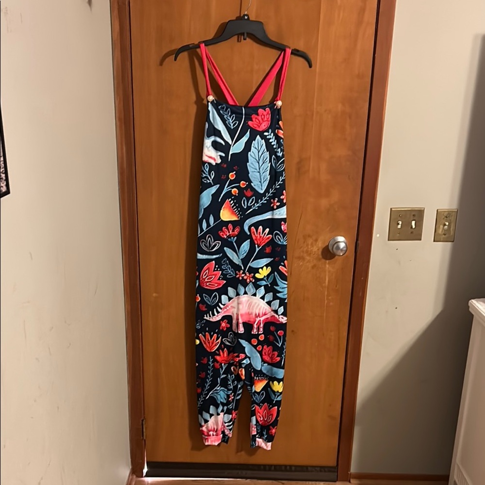 Dinosaur and Floral Print Jumpsuit with Red Straps